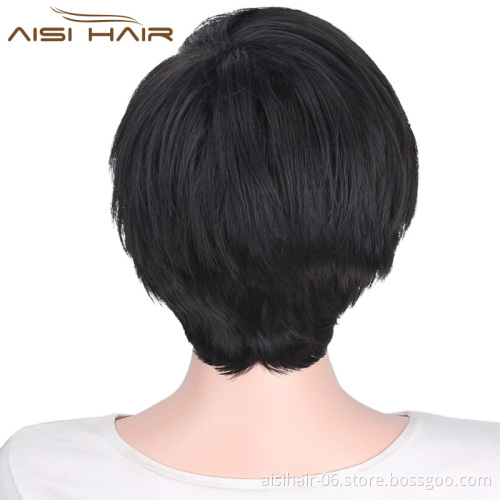 Aisi Hair Top Quality Synthetic Pixie Cut Short Black Wigs For Black Women Heat Resistant Fiber
